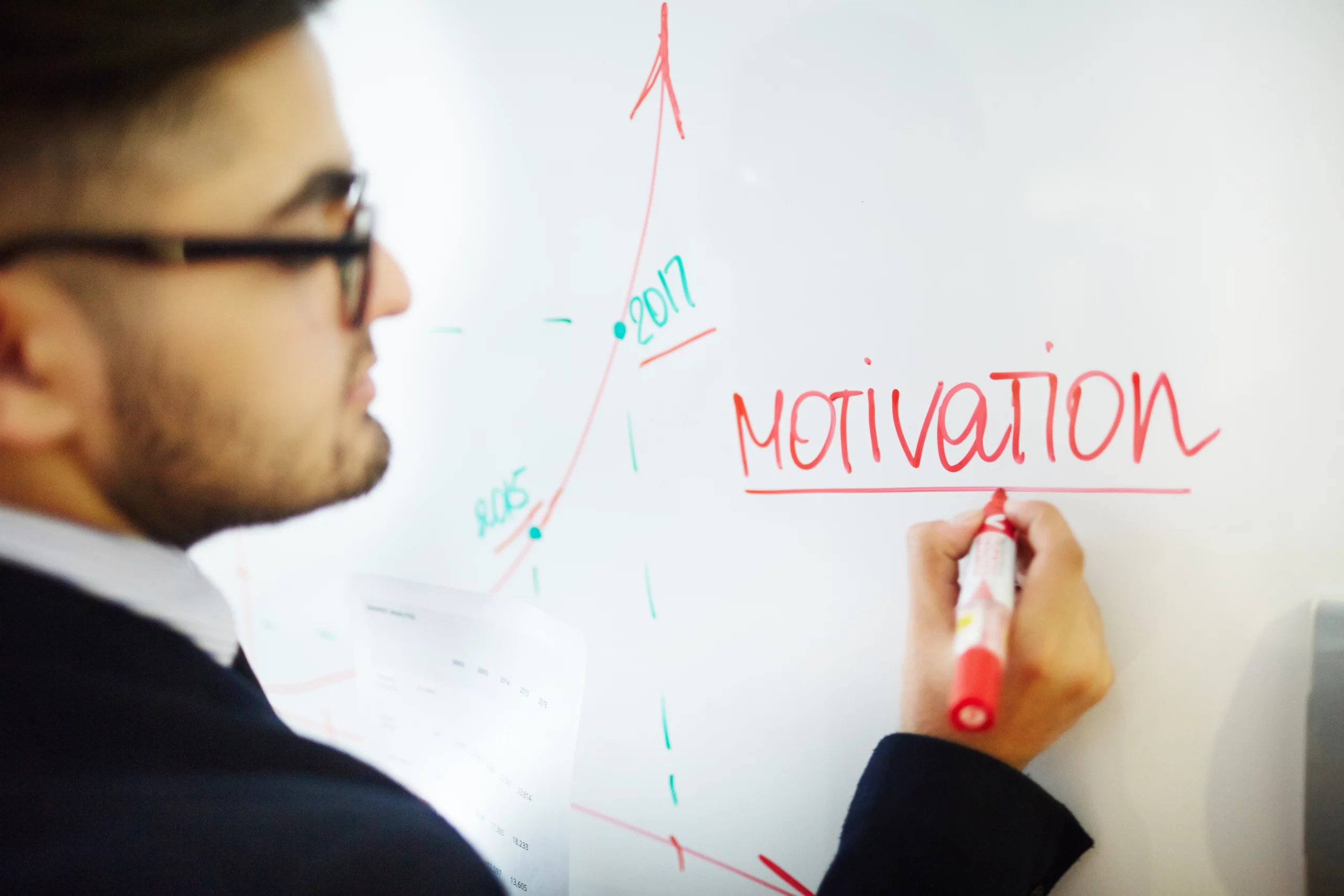 un formateur face à un tableau blanc sur lequel il inscrit motivation un formateur face à un tableau blanc sur lequel il inscrit motivation